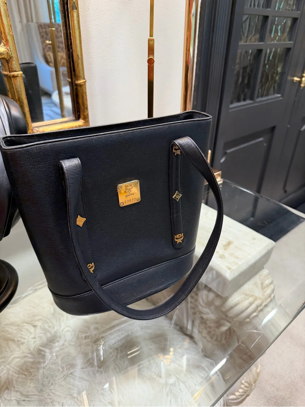 MCM Black Leather flap Tote with Gold charms + gold Logo Plaque V6485